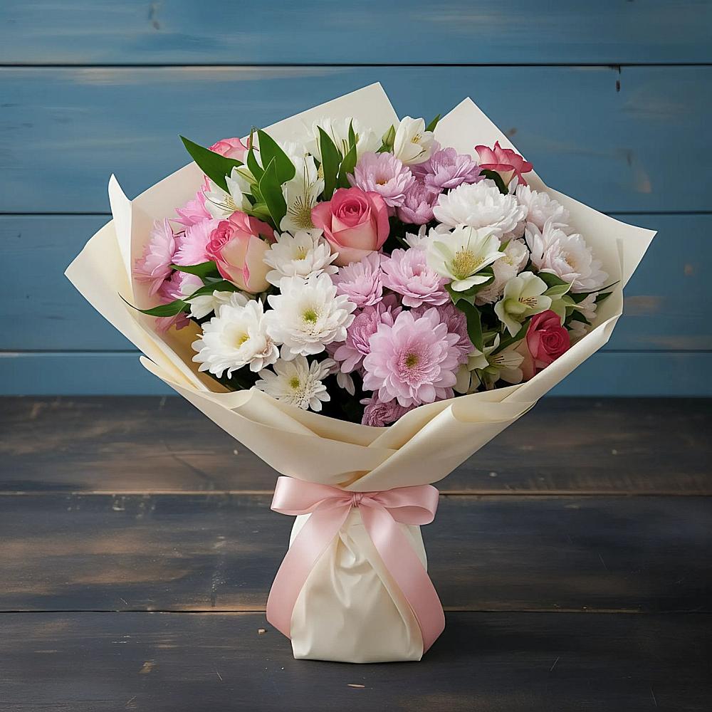 Букет цветов из: Хризантемы, Альстромерии и Розы в Ряжске